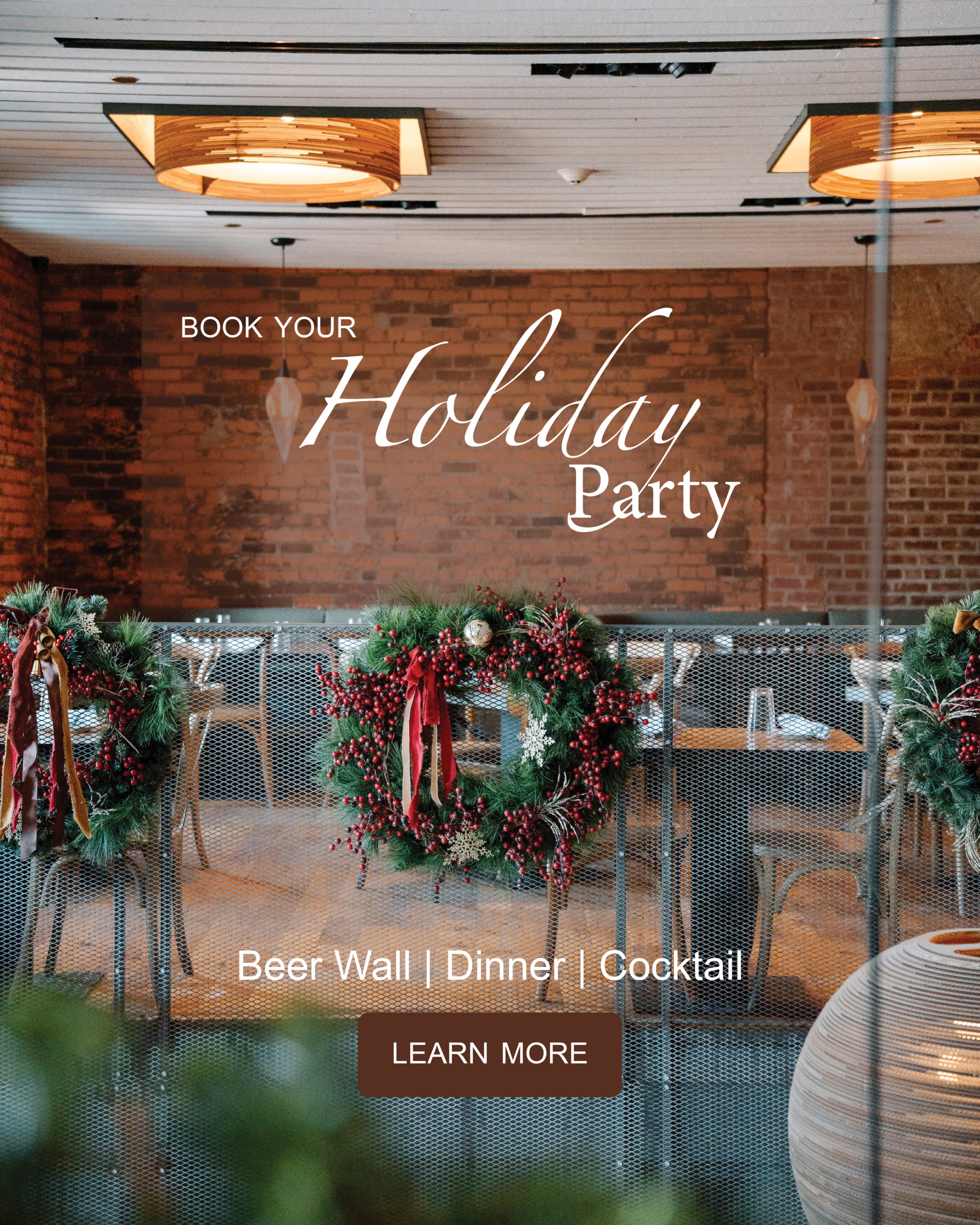 Banner reads 'Book Your Holiday Party' over a brick wall with festive wreaths and dining area in the background.